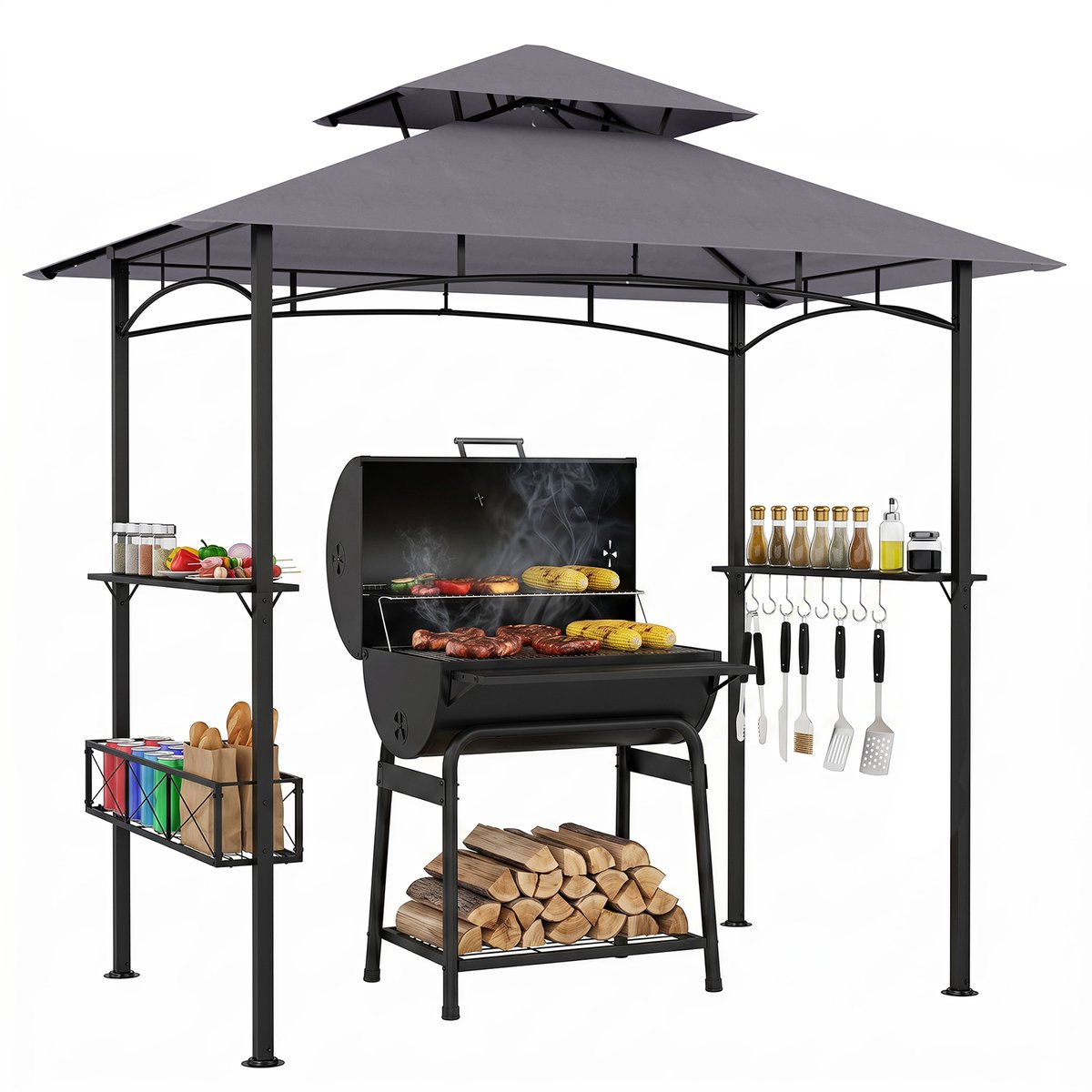 COSTWAY Grillpaviljoen, Barbecueoverkapping met Dubbeldak (Grijs) | WXterbestendige BBQ-Paviljoen, Tuinpaviljoen met Mand, 2 Zijtafels & 8 Haken, voor BBQ Tuinfeest, 245x149x248 cm