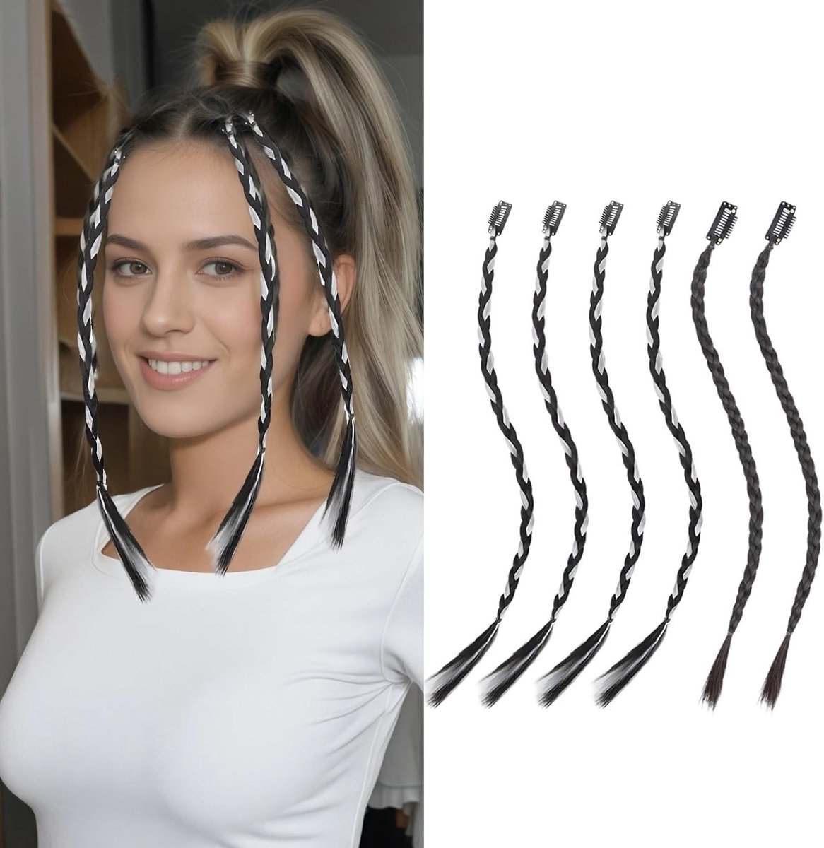 Gevlochten haarverlengingen 50 cm, hittebestendige kunstvezel, blonde en zwartbruine strengen, eenvoudig aan te brengen en perfect voor een nieuwe look