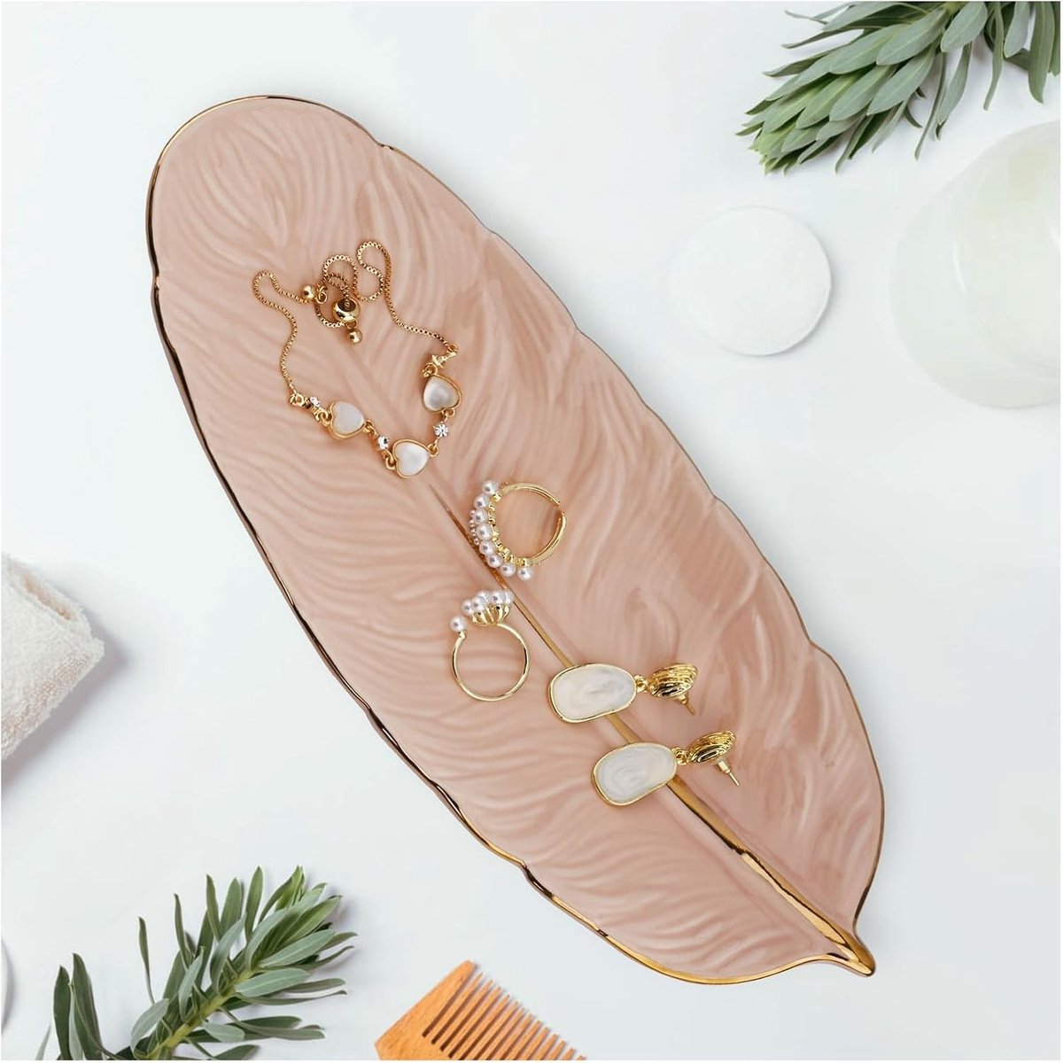Sieraden schaal in de vorm van een veer, decoratieve ring schaal, juwelen tray voor kettingen, armbanden en oorbellen, perfect als cadeau voor meisjes en vrouwen (roze)