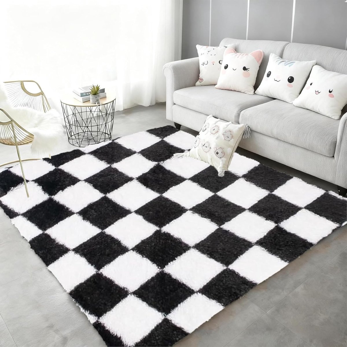 Zachte Zwart-Witte Ruit Tapijt met Lange Pool 80 x 160 cm Wasbaar Antislip Vloerkleed voor Woonkamer, Slaapkamer en Kinderkamer