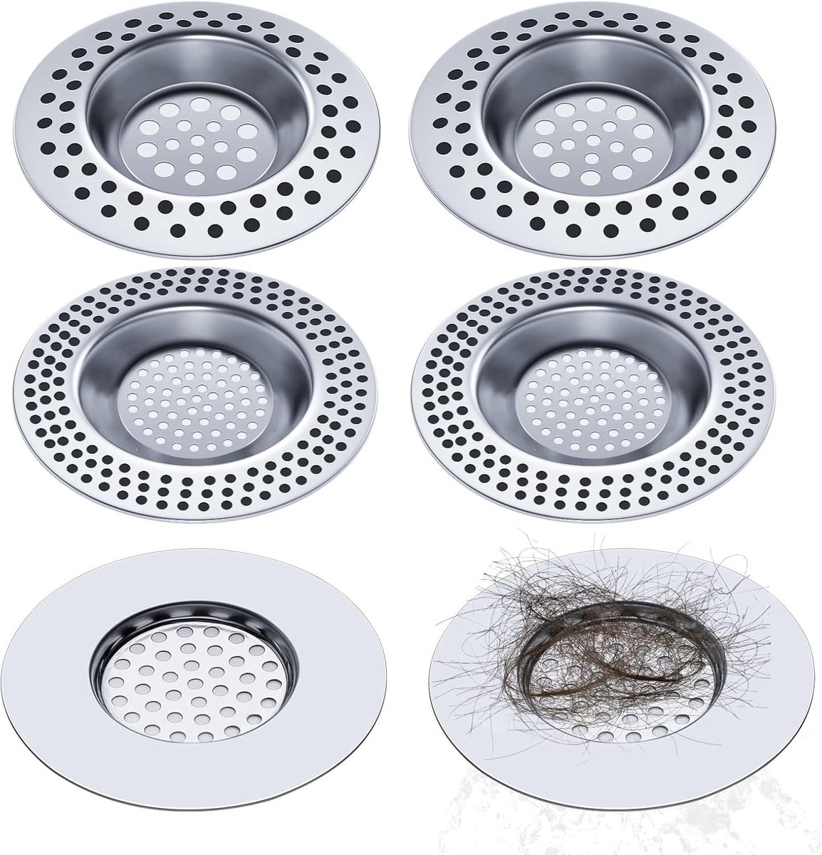 6 Stuks RVS Afvoerzeef, 90 Gaten Afvoerfilter voor Douche en Keuken, Ideaal voor Badkamer en Toilet, Snelle Afvoer en Eenvoudig Onderhoud