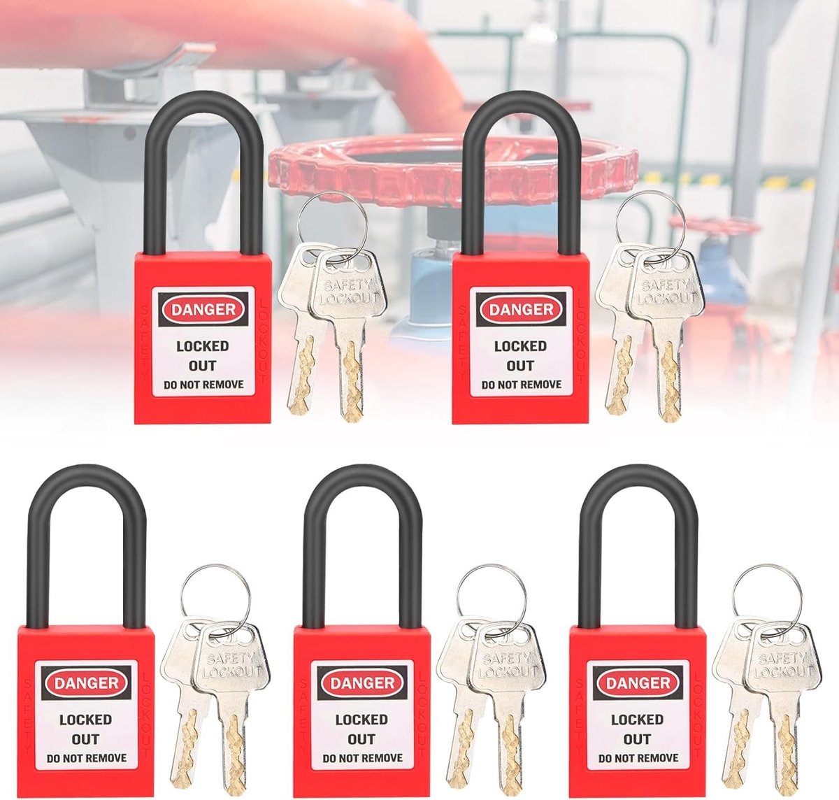 Industriële Hangslot Set van 5 - 38mm Nylon, Stofdicht en Veilig voor Bedrijven en Werkplaatsen met Twee Sleutels per Slot