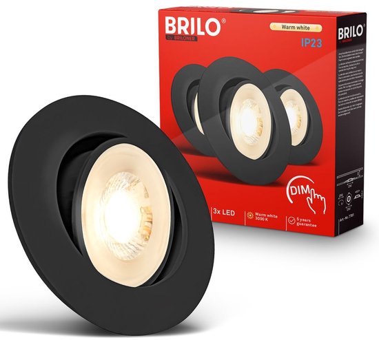Doos met 3 zwarte 'BRILO' inbouwspots, 3000K warm wit licht, dimbaar.
