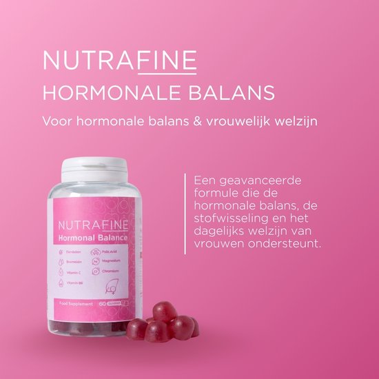 Fles NUTRAFINE Hormonale Balans gummies met tekst die de geavanceerde formule beschrijft voor hormonale balans en dagelijks welzijn van vrouwen.