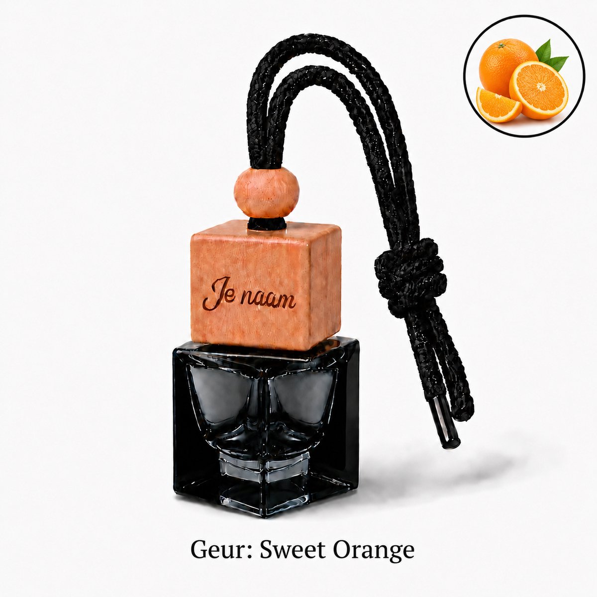 Autoparfum (met eigen naam) - Sweet Orange - Huisparfum - Laser gegraveerd - Hanger met koord - 8 ml inhoud