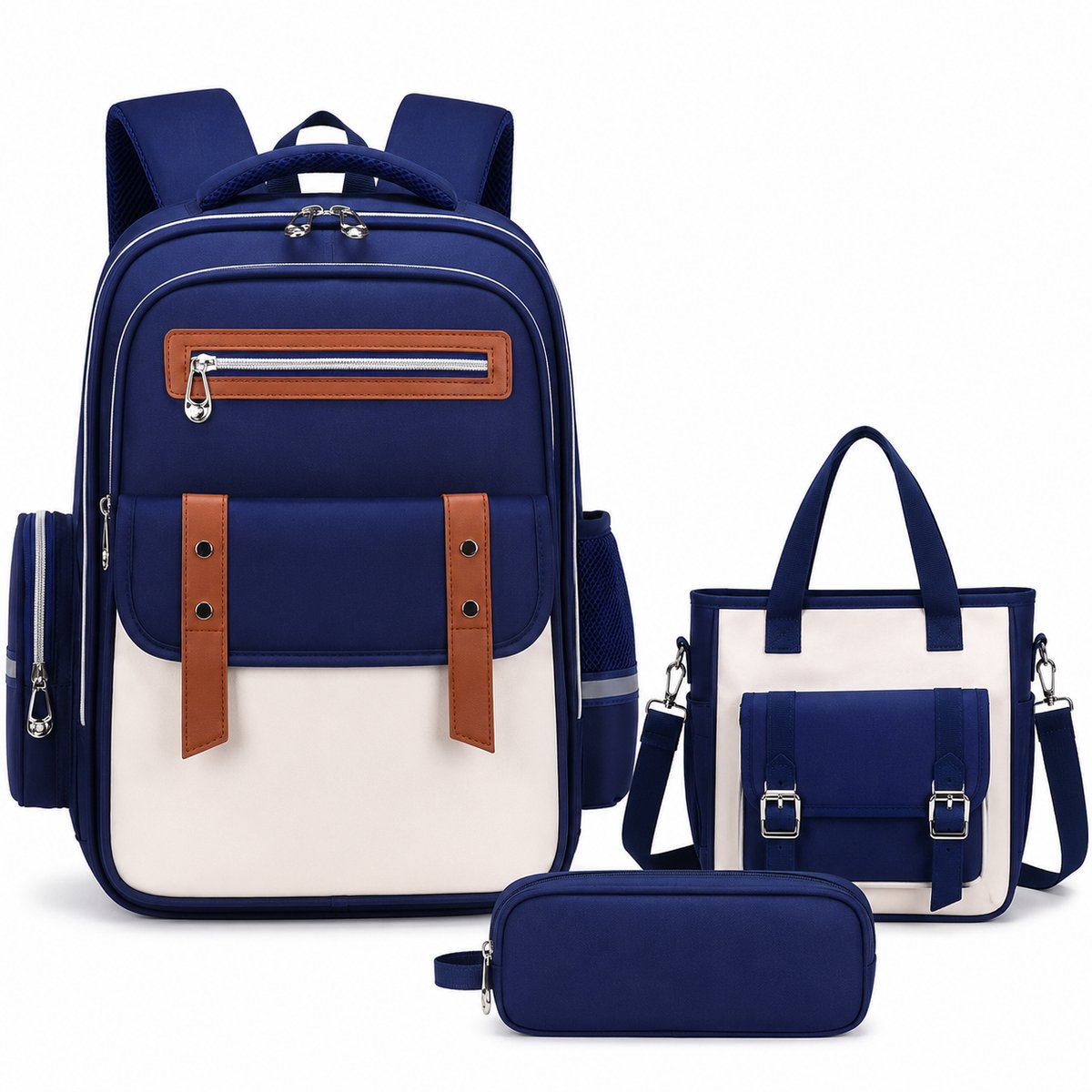 VHV - Schoolrugzak 3-delige set - met bijtas en etui - 35L - voor jongens en meisjes - Blauw