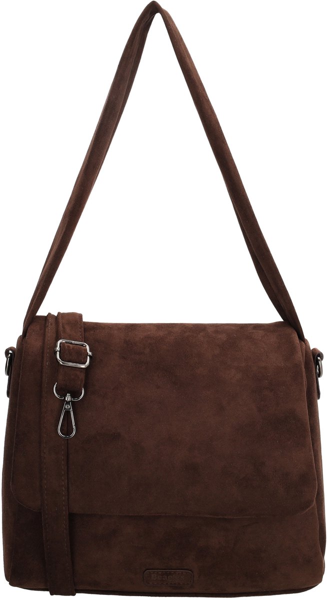 Beagles Ako Schoudertas - Faux Suede - Dames Tas - Overslag met Druksluiting - Afneembare Schouderband - Ritssluiting - Crossbody - Donkerbruin