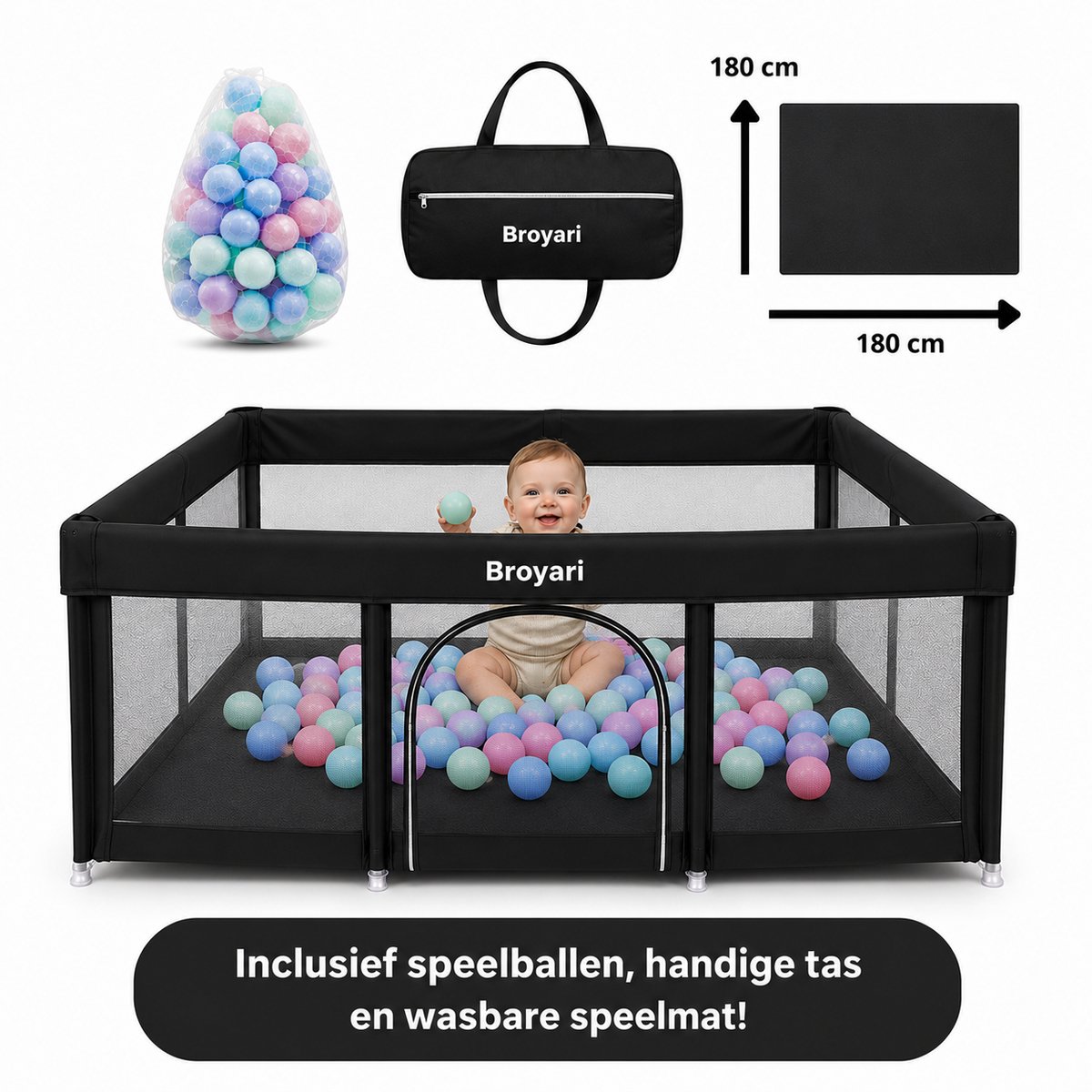 Broyari® Grondbox Baby 180x180 cm – Extra Grote Speelruimte – Binnen 2 Seconden Inklapbaar – Inclusief Speelmat & 50 Speelballen – Opvouwbare Speelbox – Grondbox XL - Zwart – foto 8