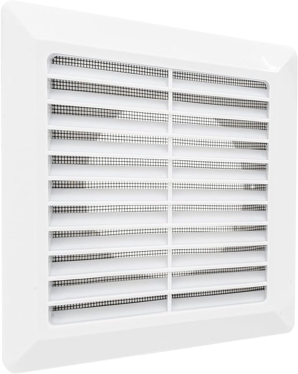 Ventilatierooster - Ventilatieventiel - Afvoerluchtrooster - Buitenrooster - met Insectengaas - ABS - voor Badkamer, Keuken, Garage, Camper - Vierkant - Aansluiting Ø 125 mm
