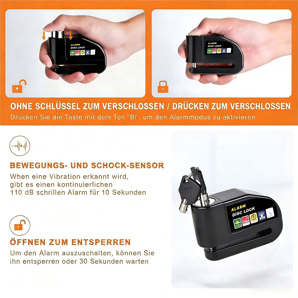 Schijfremslot met Alarm 110dB - Fietsslot en Motorslot met Bewegingssensor - Anti Diefstal Remschijfslot met Herinneringskabel - Waterdicht Veiligheidsslot voor Fiets Scooter en Motor – foto 3