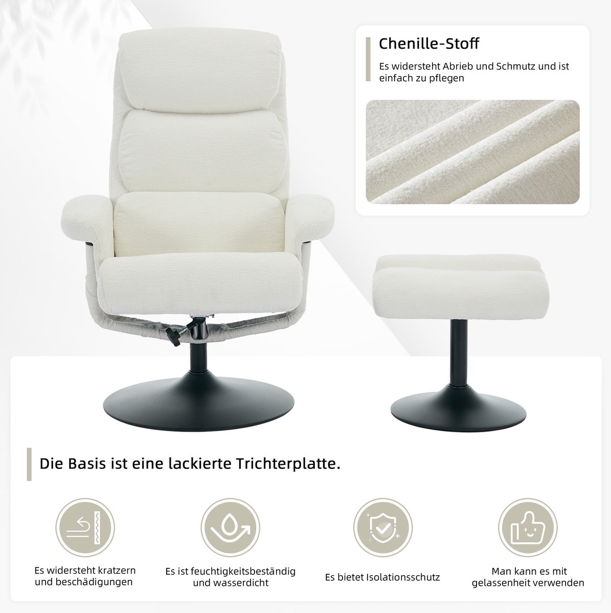 FloraGrace Relaxfauteuil Met 5-Punts Massage En Verwarming - 360° Draaibaar Met Hocker - Woonkamer Slaapkamer - Chenille - Wit – foto 5