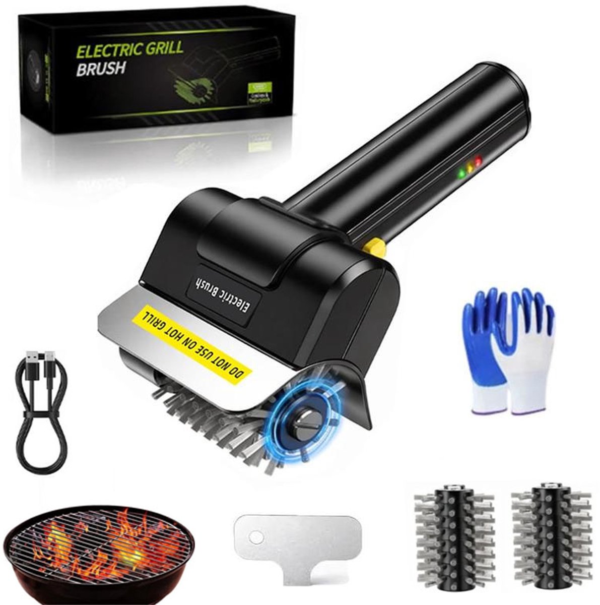 KZQ Elektrische BBQ-borstel - Draadloze, oplaadbare BBQ-reiniger - Elektrische reiniger - 2000 mAh - Ondersteunt Type-C snelladen - Wordt geleverd met 2 roestvrijstalen borstelkoppen - Veilig voor keramische, gietijzeren en roestvrijstalen grills