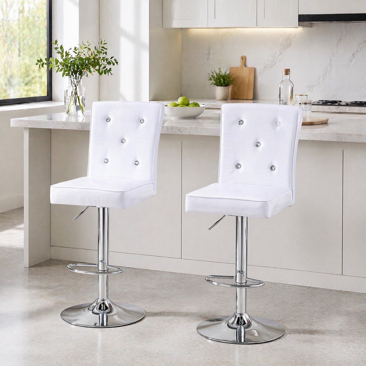 Verstelbare Draaibare Barstoel Set Van 2 - Witte Kunstleren Eetkamerstoelen Met Kristalknoppen - Voor Keuken En Bar - Metaal - Wit