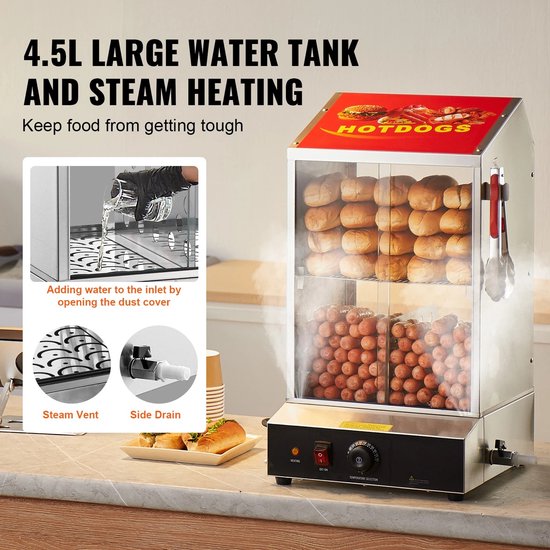 Velori Hotdog Stomer 37L - Hotdog Warmer - Broodjeswarmer - Commerciële Stoomkast - RVS Warmhoudvitrine - Temperatuurregelaar 30-85°C - 1200W — afbeelding 3