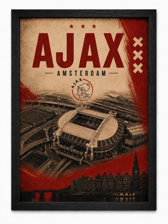 Ajax Poster | Johan Cruijff ArenA Vintage Art Print | Amsterdam Retro Voetbal Schilderij | Inclusief Zwarte A4 Lijst