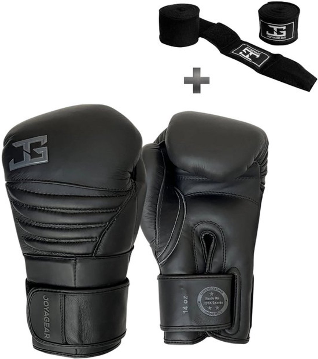 Joya Bokshandschoenen Falcon Zwart Zwart - 14 oz – Echt Leren Kickbokshandschoenen – Dubbele Klittenbandsluiting – Heren/Dames – Training