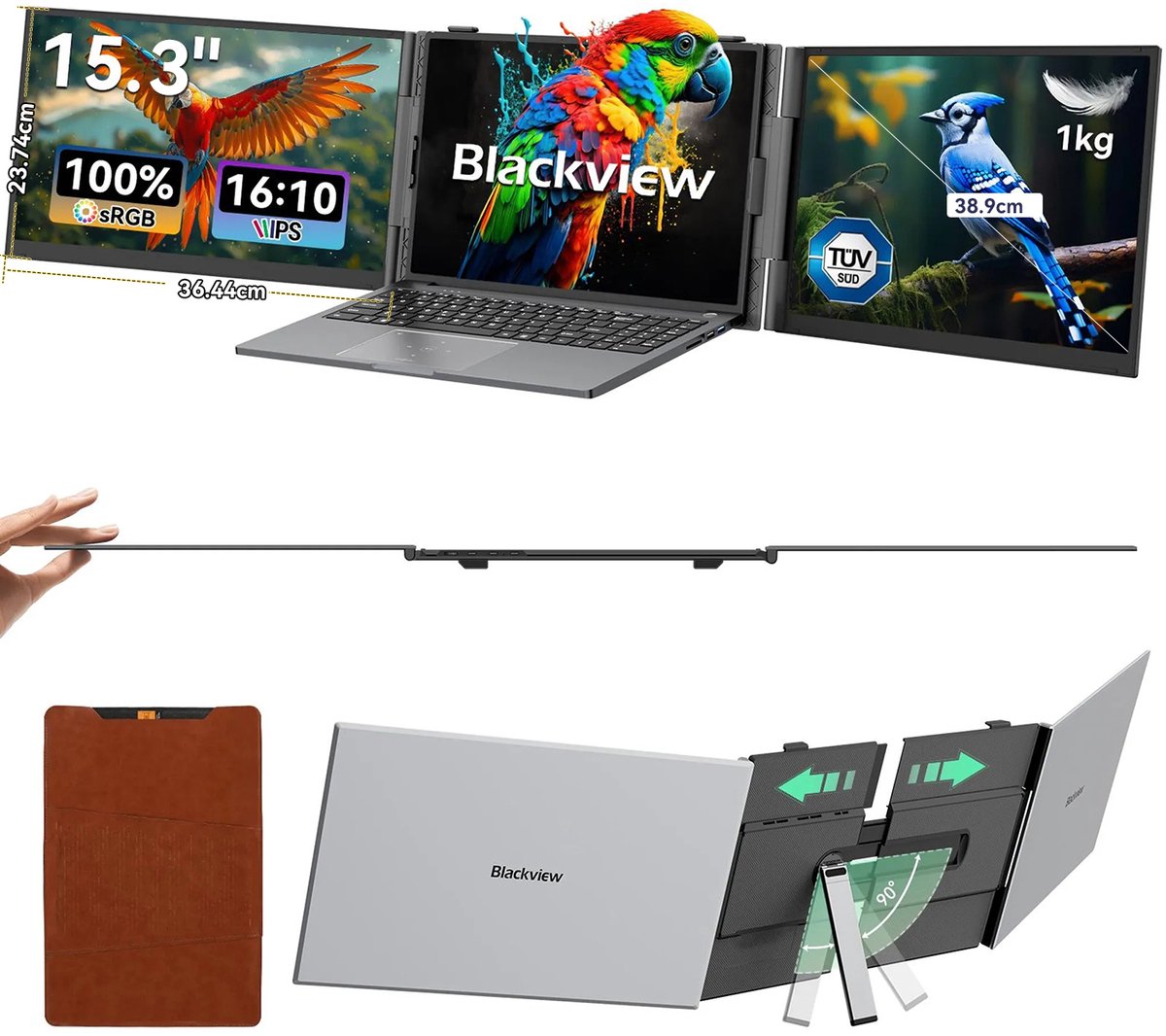 Blackview DCM8 15.3" Dubbele Draagbare Monitor – 100% sRGB – Extra Laptopscherm 13-17.3" – Uitbreidingsscherm – Plug & Play – Geschikt voor PC, Laptop, Xbox, PS3/4/5, Switch – Grijs