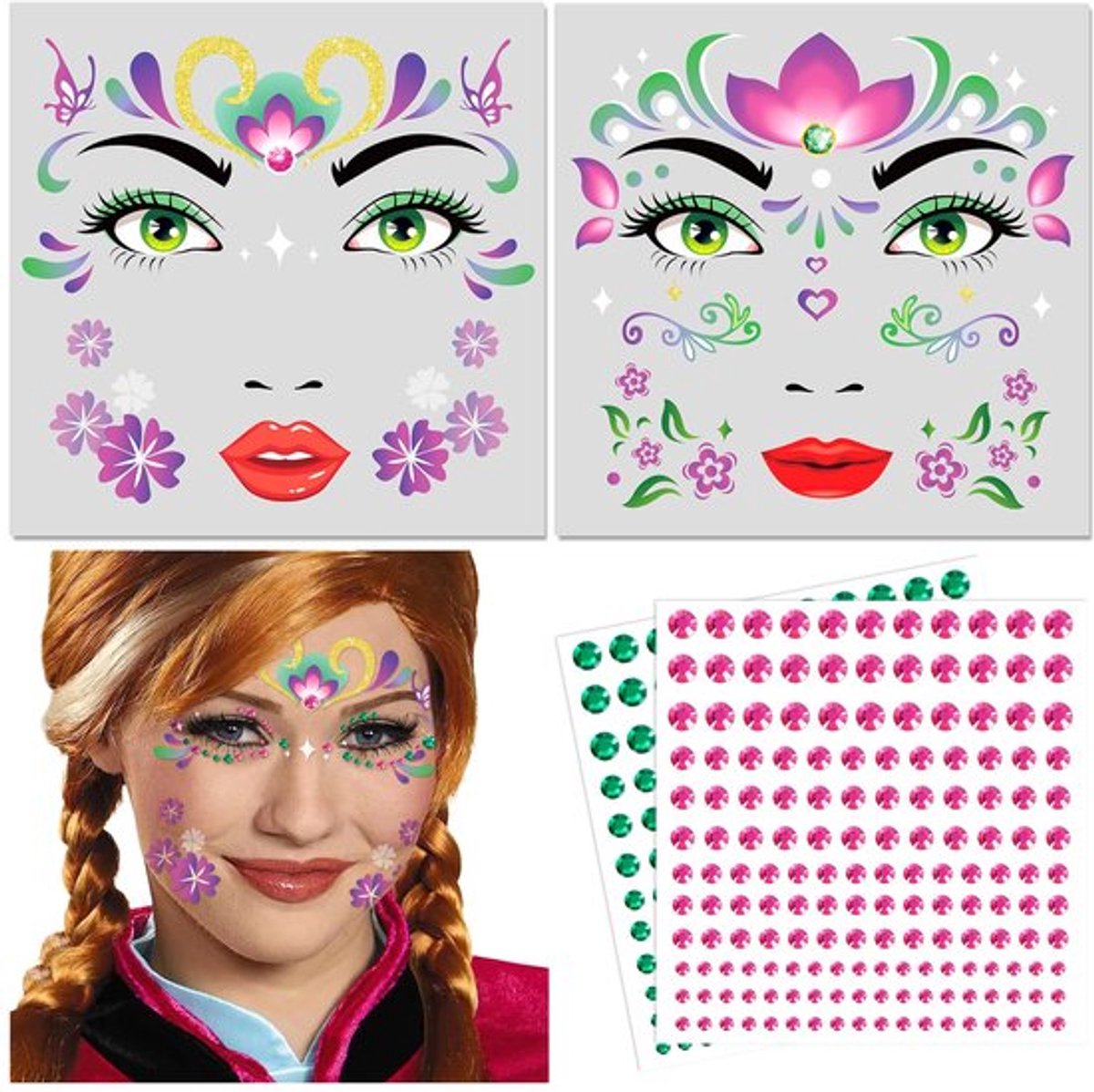 Gezichtstatoo Frozen Anna-kostuum, ijskoningin, meisjes, tijdelijke tatoeages, carnaval, kostuum, feestaccessoires, thema, glitterstenen, gezicht, prinses Anna, make-up, carnaval, Frozen Anna