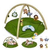 Groene bladervormige speelmat met speelboog en diverse speeltjes. Inzet: baby's op de mat, en vier speeltjes los.