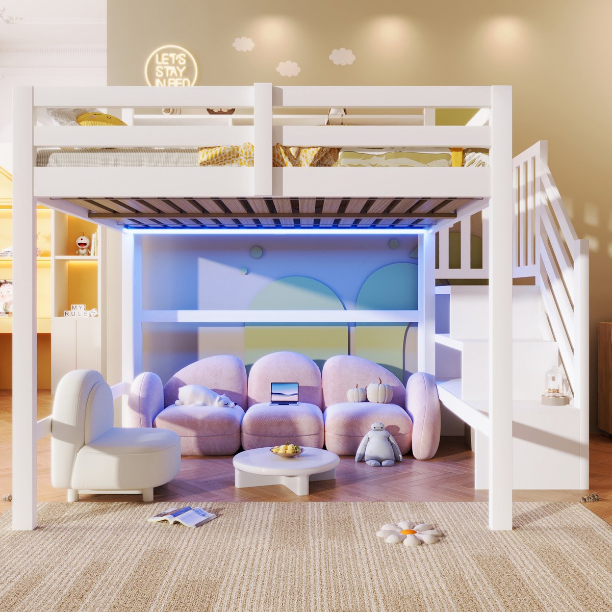Wishdor - Hoogslaper - 140x200 cm - met LED-verlichting en opbergtrap - modern kinderbed voor slaapkamer - houtlook wit - 253 x 162 x 175 cm