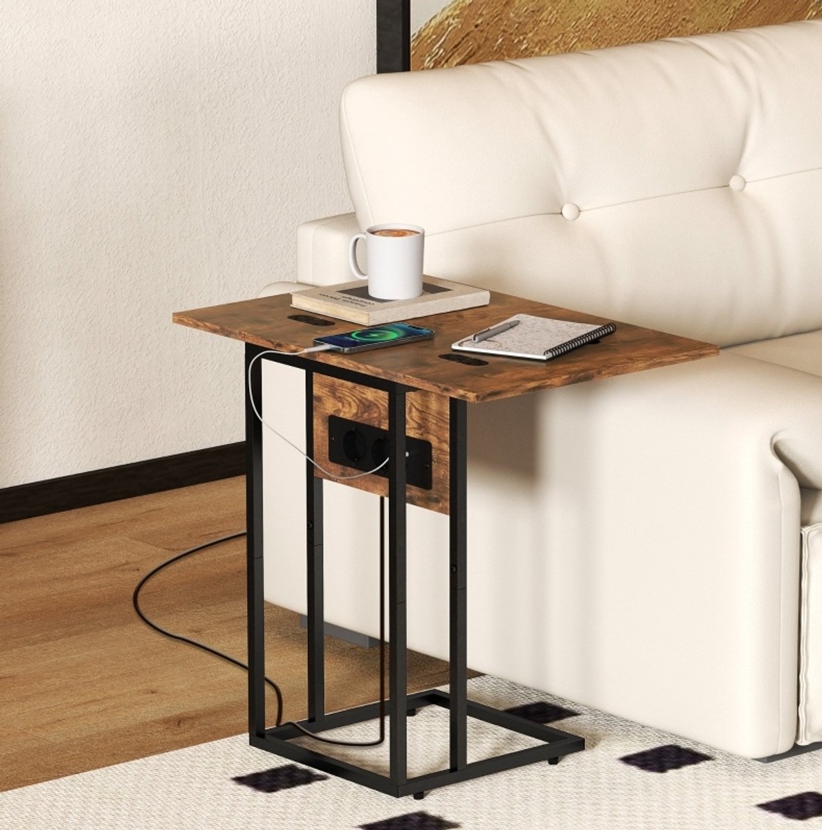 OKWISH Bijzettafel - Opklapbaar En Uitschuifbaar Met Laadstation - C-Vorm Voor Bank En Bed - Metaal En Spaanplaat Bruin Zwart - 39 x 29 x 57 cm