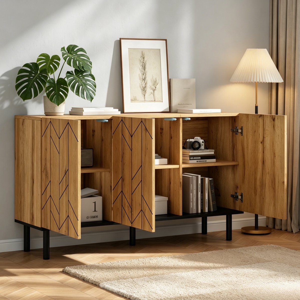 OKWISH Dressoir - Modern Sideboard Met 3 Deuren - 120 x 35 x 70 cm - Gesloten Opbergruimte - Wellenpatroon - Spaanplaat Houtkleur