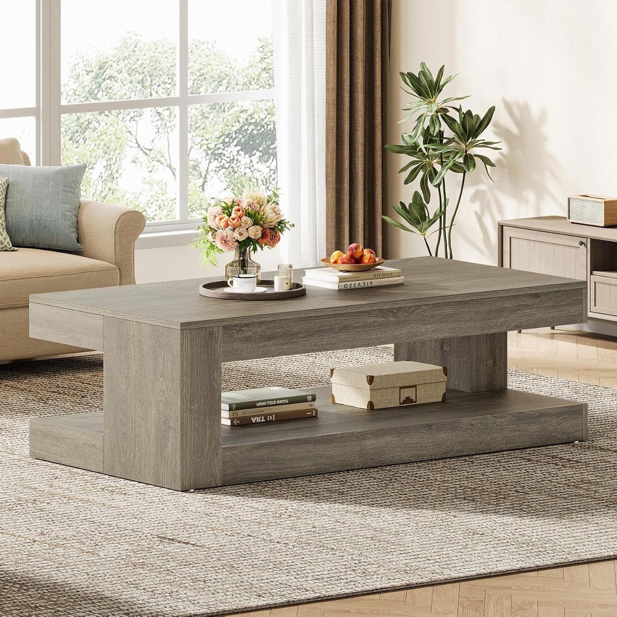 Salontafel Rechthoekig - Koffietafel Centrale Tafel - Woonkamer Inrichten - Twee Niveaus - 120 cm - Grijs