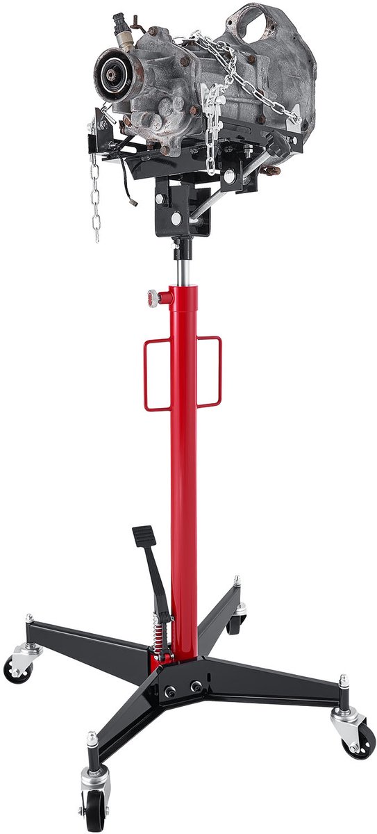 Hydraulische Autokrik/Transmissiekrik met een Draagvermogen van 500 kg, Verstelbare Transmissiekrik met Voetbediening, 360° Draaibare Wielen, Hefbereik 127-202 cm, Geschikt voor Garage en Werkplaats, Rood en Zwart
