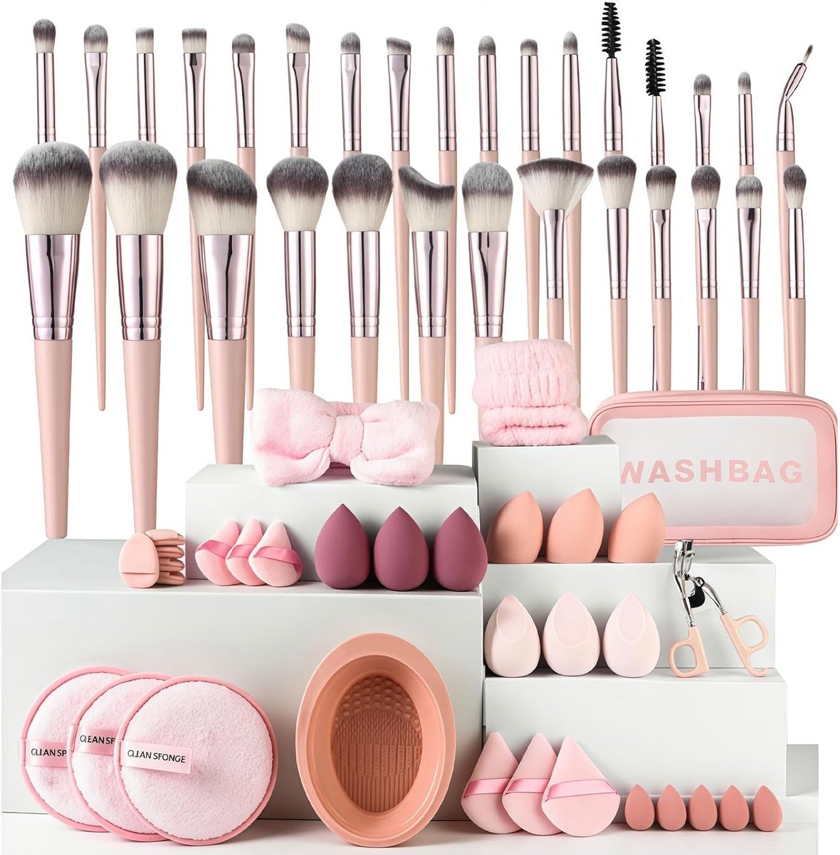Professionele make-upkwastenset met 64 synthetische borstels voor foundation, poeder en oogschaduw in roze kleur