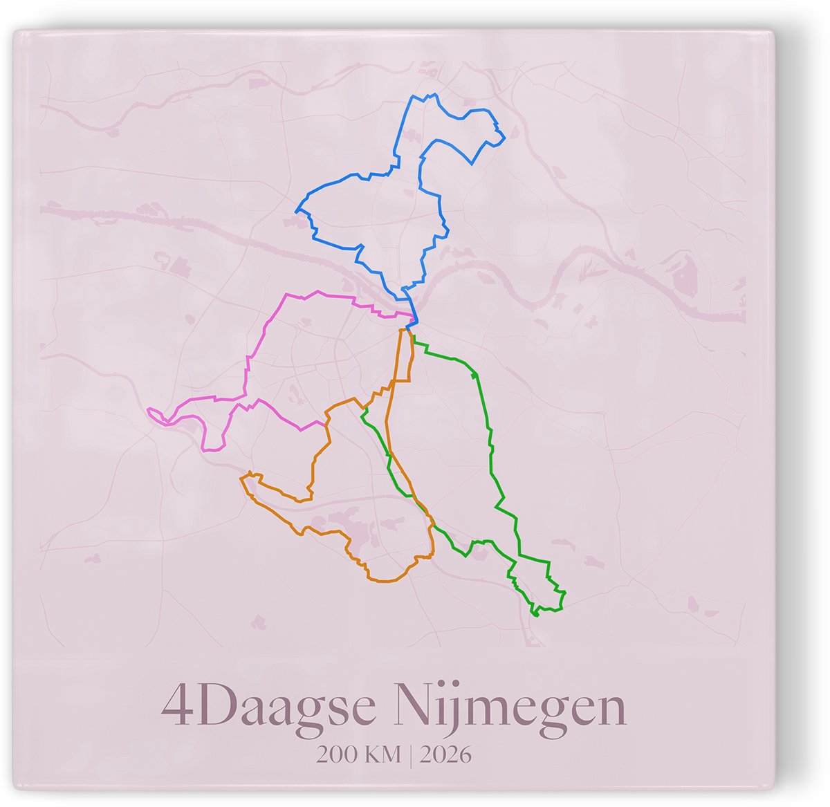 Tegeltje Vierdaagse Nijmegen 2026 Route 200 km - roze - 4Daagse wandelroute - cadeau Vierdaagse