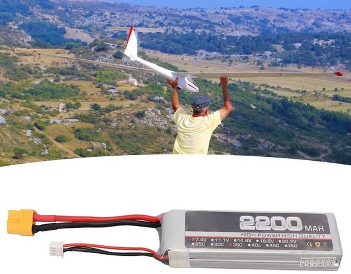 2200mAh 7.4V 35C LiPo RC Vliegtuig Accu Vervangende Lithium Accu met XH Balanskop, Lithium Accu voor Vervanging (XT60 Plug)