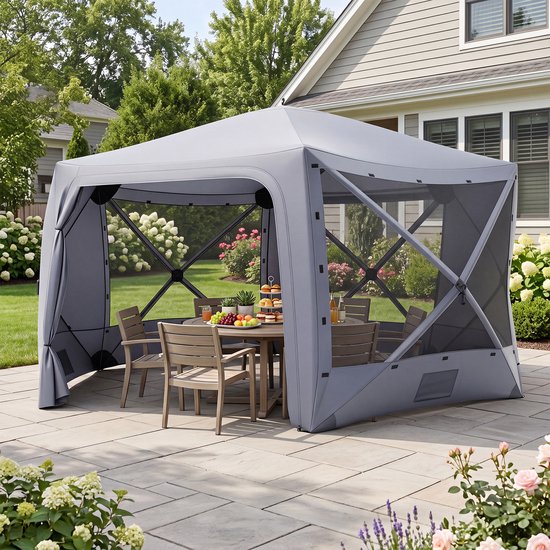 COSTWAY Pop-up paviljoen, 427 x 427 cm, tuinpaviljoen voor 10-12 personen - Partytent met 6 zijdelen en muggennetten, campingtent met draagbare roltas, voor tuin, terras en camping van Costway — afbeelding 3
