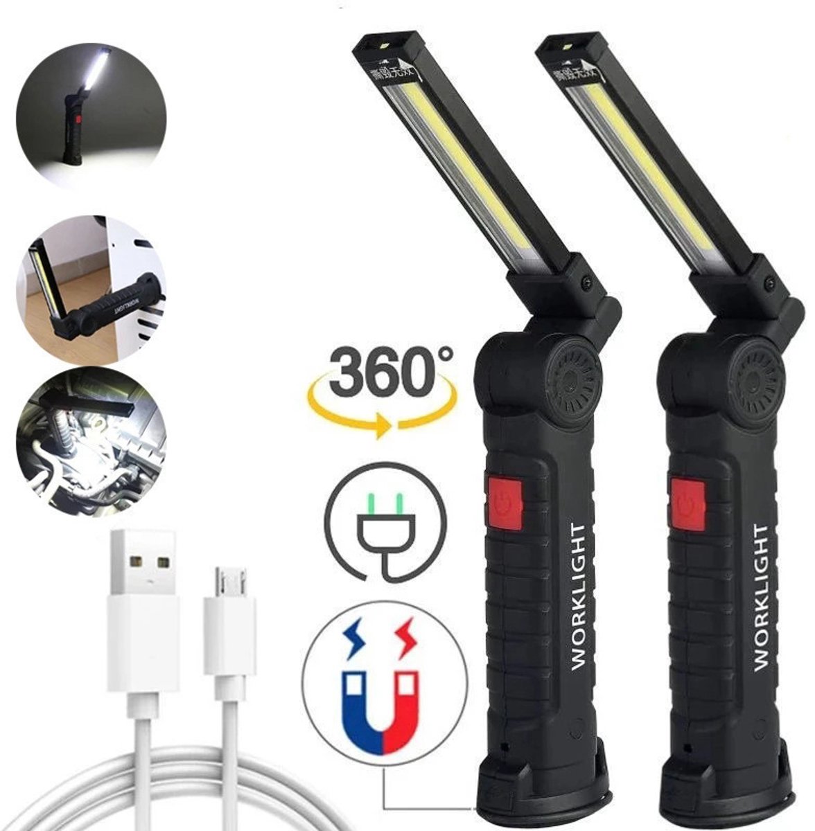 2-Pack Opvouwbare Werklampen - Werklamp - Werklamp Led Oplaadbaar - Zaklamp - Zwart