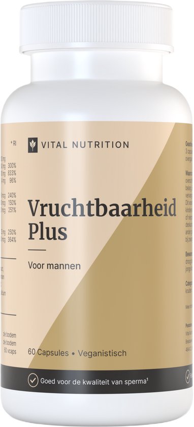 Witte pot met "Vruchtbaarheid Plus" etiket. Goudkleurige en beige accenten. "Voor mannen" en "60 capsules • Veganistisch".