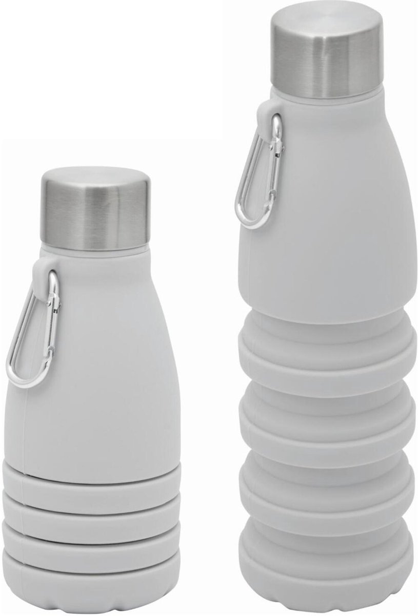 Trendoz Opvouwbare drinkfles - 2x - waterfles - grijs - kunststof - 550 ml - schroefdop - ophanghaak - 8 cm
