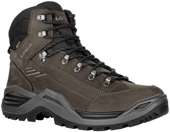 Bruine Lowa Renegade EVO GTX Mid wandelschoen met zwarte veters en zool.