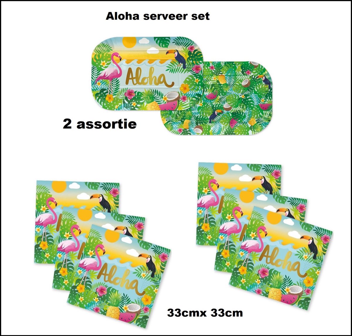 Aloha set tropical - 2x Serveerschaal Tropical Aloha 30cm x 20cm + 60x Servetten Hawai aloha 33cm x 33cm
