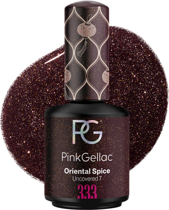 Flesje Pink Gellac Uncovered 7 'Oriental Spice', kleurnummer 333. Bruine glitter lak op een achtergrond van glitter.