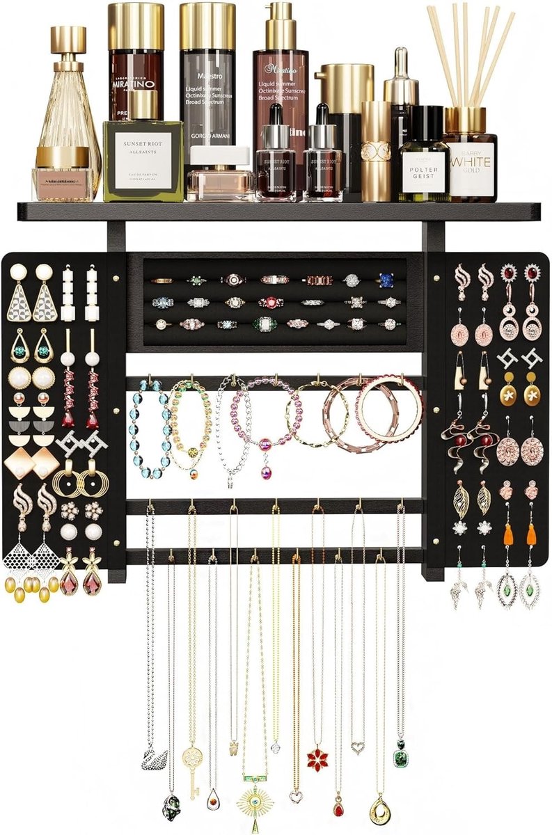 Sieradenopbergdoos met 4 lagen voor oorbellen, ringen, armbanden en kettingen, inclusief 20 haken en een handige tray voor optimale organisatie