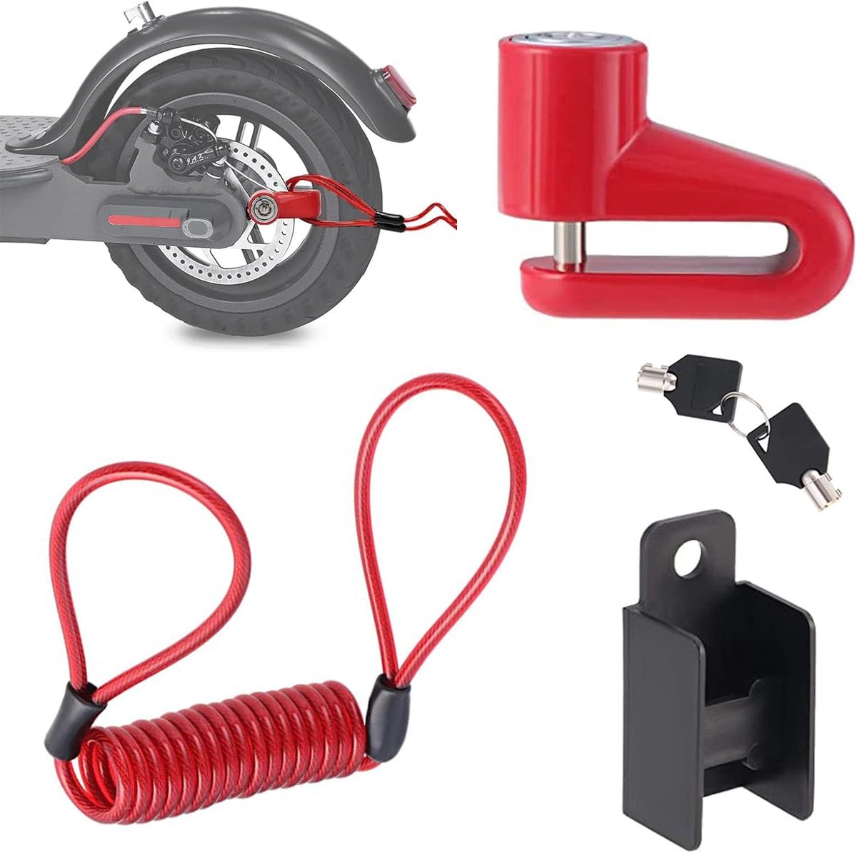 Schijfremslot Fatbikev - Step - Remschijfslot Met Reminder Kabel En Houder - Elektrische Step Accessoires - Voor E-Bike / Motor / Scooter / Elektrische Step / Fiets - Anti-Diefstal - Zwart