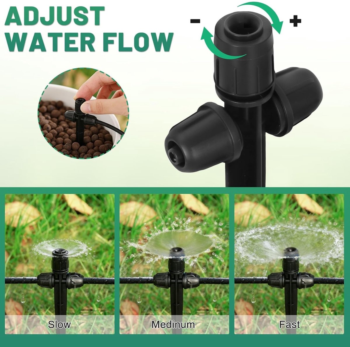 Verstelbare 360 graden druppelirrigatie-emitters, 30 stuks voor tuinbewatering, geschikt voor 1/4" slangen, ideaal voor planten en bloemen.