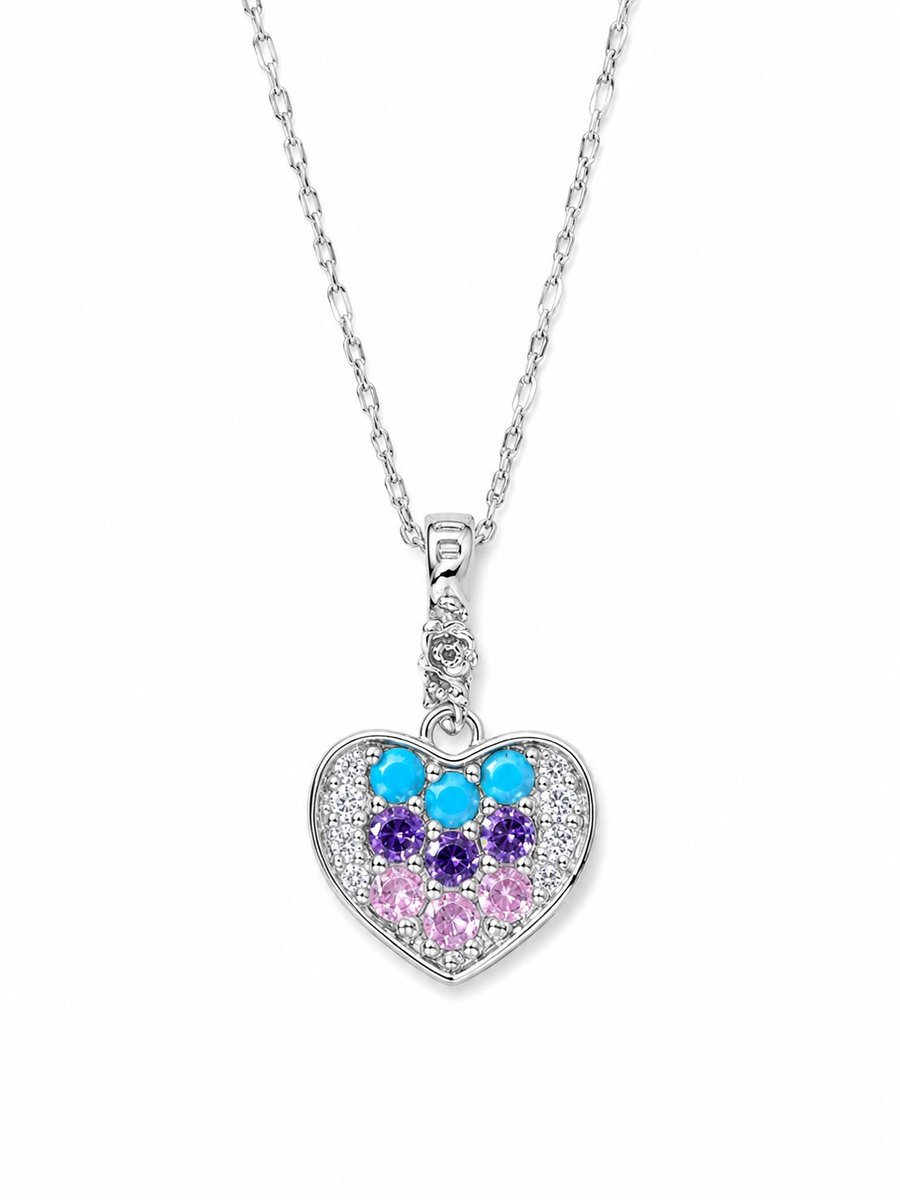 Meisjesketting Hart- Ketting Hart- Zilverkleurige ketting- Ketting met Hart- Hartjes Ketting- Diamantjes- Strass- Paars Roze Blauw- LiLaLove- Kind