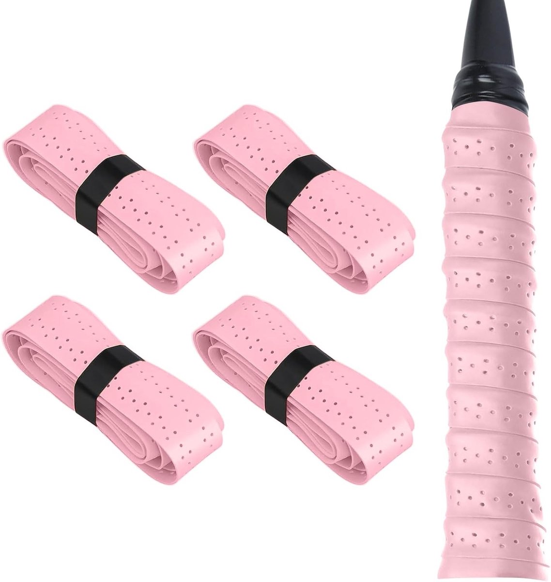Tennis Racket Grip Tape Set van 4 Stuks, Antislip Gripband voor Tennis, Badminton en Squash, Zelfklevend PU Materiaal in Lichtroze