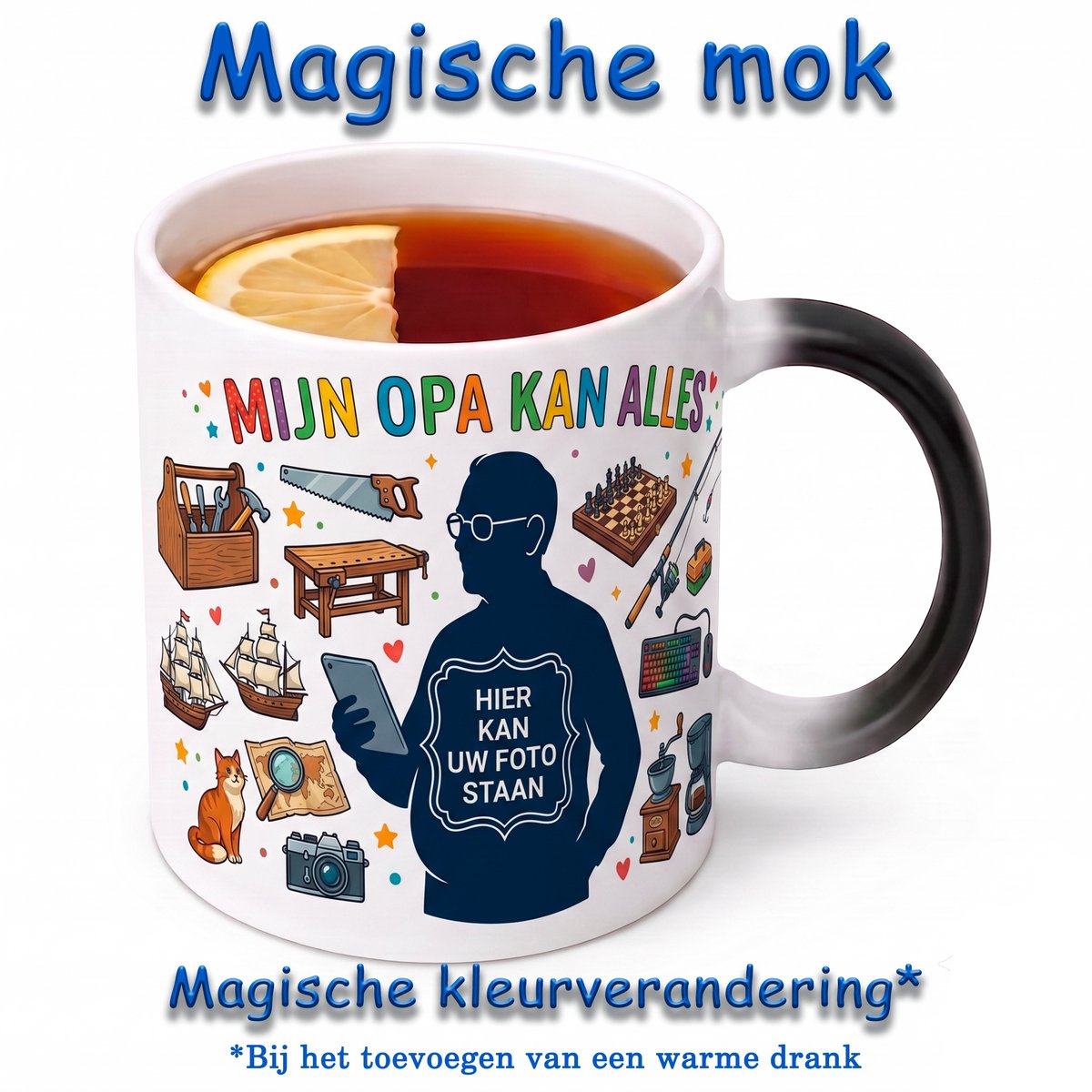 Gepersonaliseerde Magische Mok Mijn Opa Kan Alles – Kleurveranderende Mok met Eigen Foto – Warmtegevoelige Fotomok – Cadeau voor Opa – Koffiemok Opa – Theemok Grootvader – Zwarte Mok wordt Wit bij Warme Drank