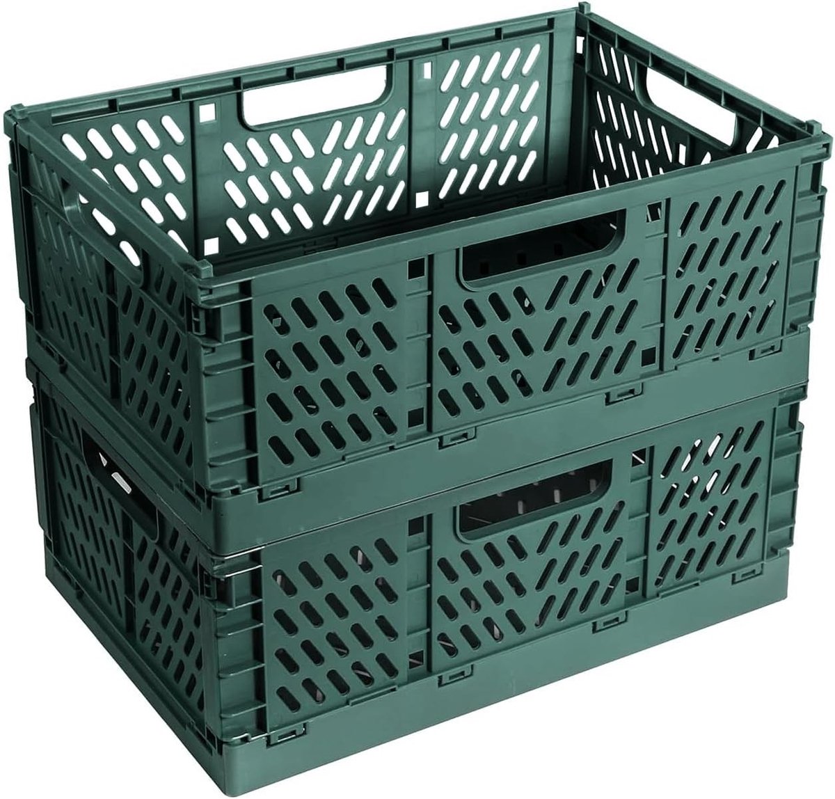 Set van 2 Vouwbare Opbergdozen - Plastic, Stapelbaar en Multifunctioneel voor Keuken, Slaapkamer en Tuin (Donkergroen, 30.5 x 20 x 12 cm)