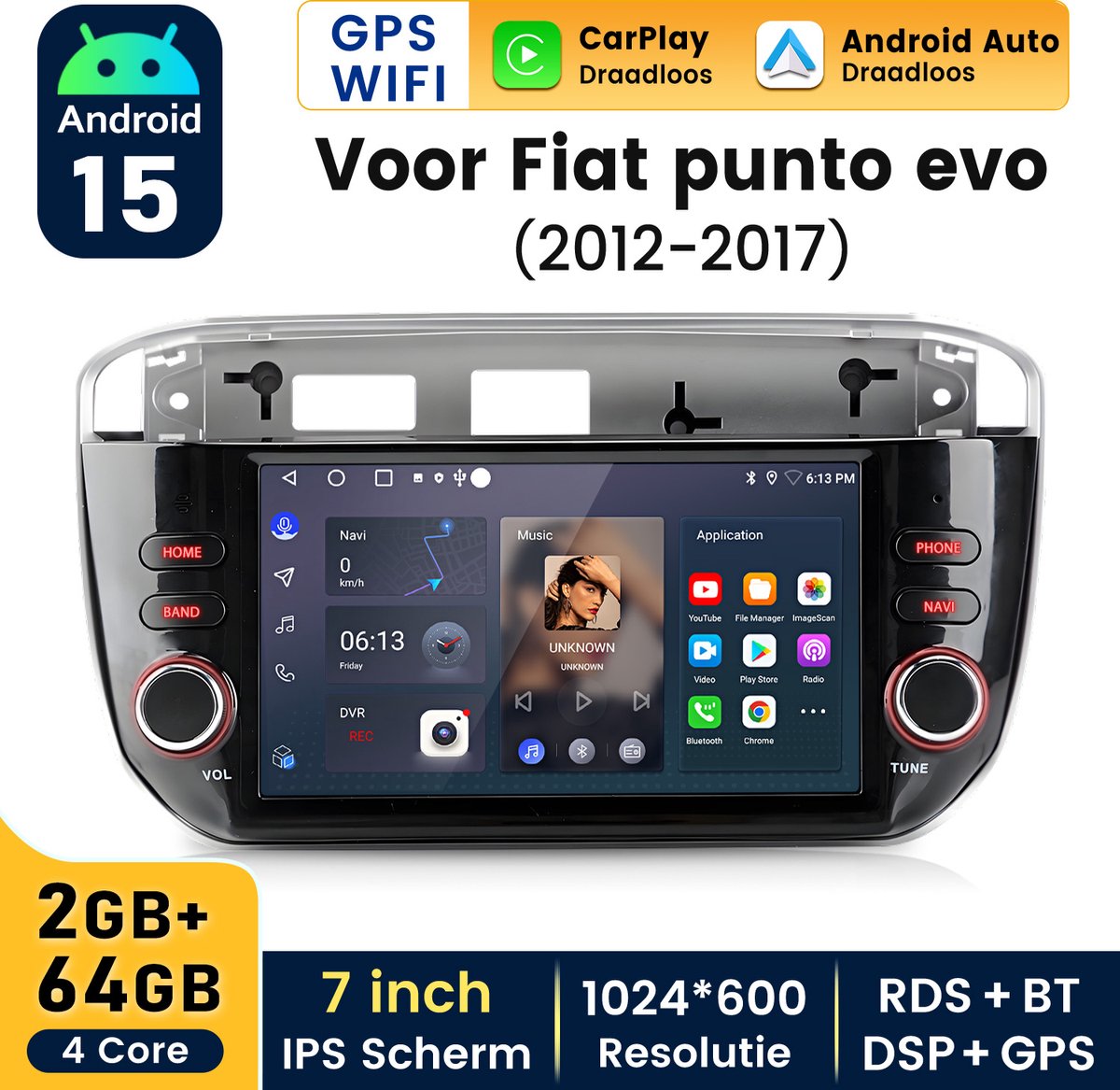 HexinexMarket - 7" Autoradio Geschikt voor Fiat PUNTO EVO (2012-2017) - Draadloos CarPlay, Android Auto, GPS NAVI, RDS, multimediaspeler, 2GB+64GB