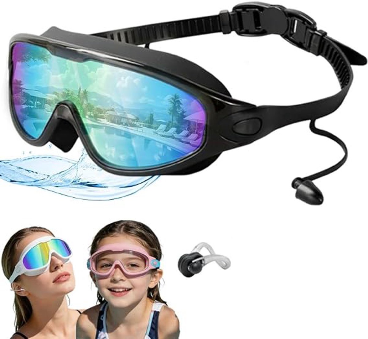 KZQ Zwembril voor Dames en Heren, Anti-Antiwas, Lekvrij, Opzetstuk voor Reflecterende Zonnebril, Heldere Lens, Sportzwembril voor Buiten en Binnen