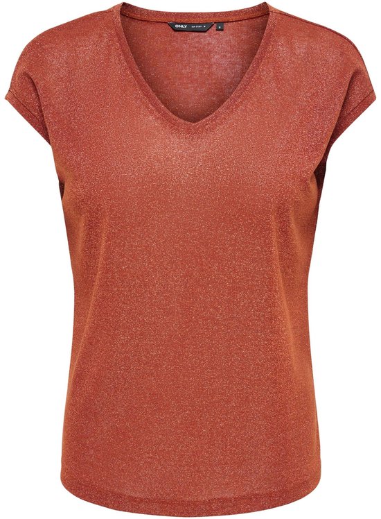 T-shirt corail pour femme à col en V et manches courtes, avec une finition scintillante.