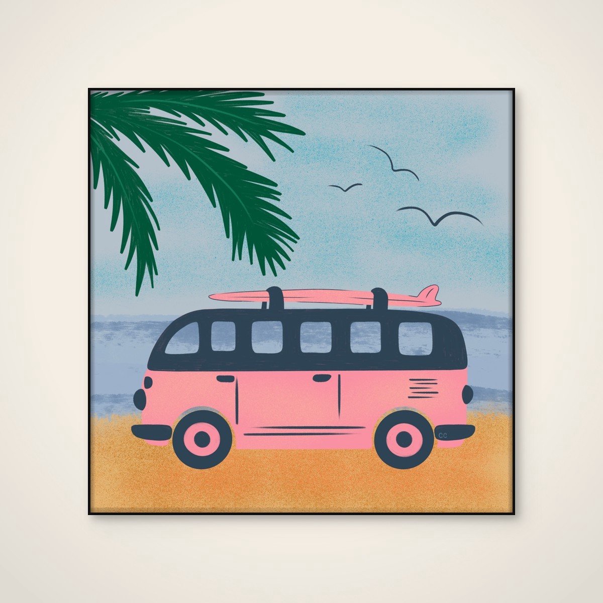 Akoestisch schilderij - 100 x 100 cm - Pink Beach Camper van Carrie Cantwell - Abstracte wanddecoratie - zwart textielframe