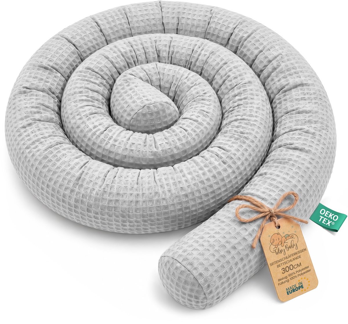 XXL bedslang bedkussen voedingskussen bedrol bedrandbescherming sierkussen bedomranding slang XL handgemaakt Grijs 300 cm Oeko-Tex-certificaat